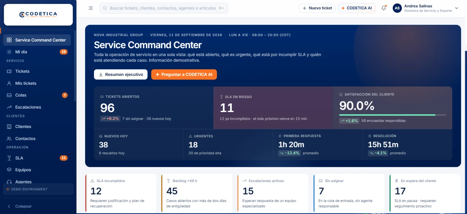 Interfaz de CODETICA Service con tickets y seguimiento de atención.