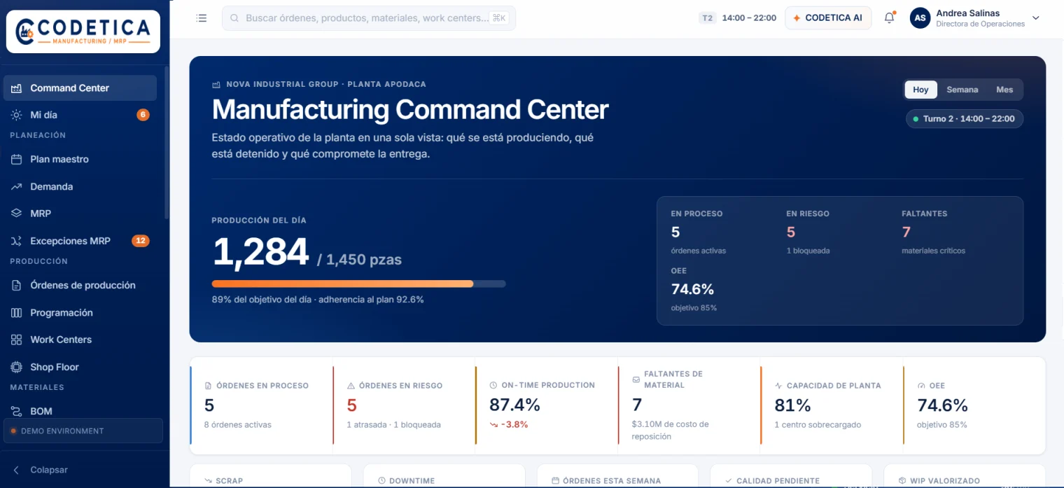 Interfaz de CODETICA Manufacturing con órdenes de producción y materiales.