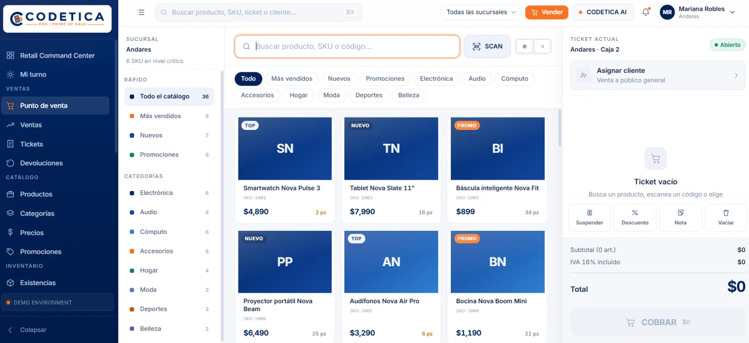 Interfaz de CODETICA POS con punto de venta y control de caja.